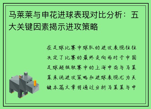 马莱莱与申花进球表现对比分析：五大关键因素揭示进攻策略